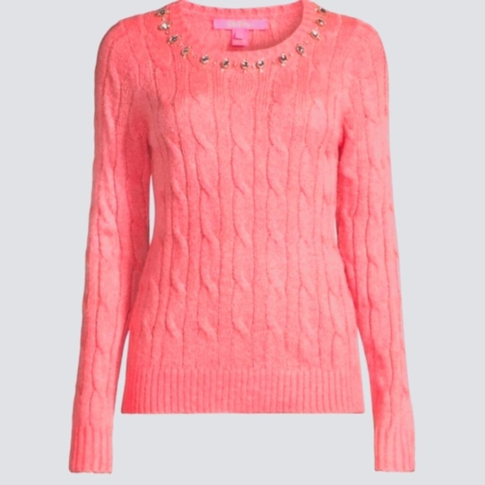 Lilly Pulitzer NEW Dario Embellished Cable-Knit Sweater Size XL Yummy Melon